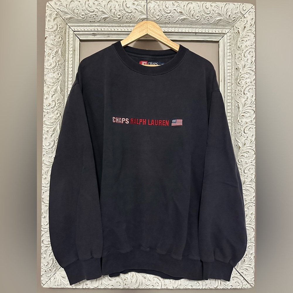 Chaps Ralph Lauren Black Crewneck Sweatshirt with Red Embroidery